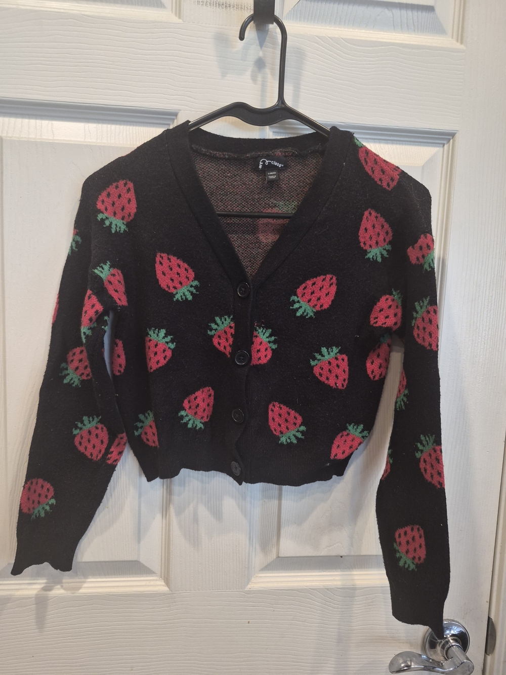 art class Black Cardigan with Red Strawberry Print